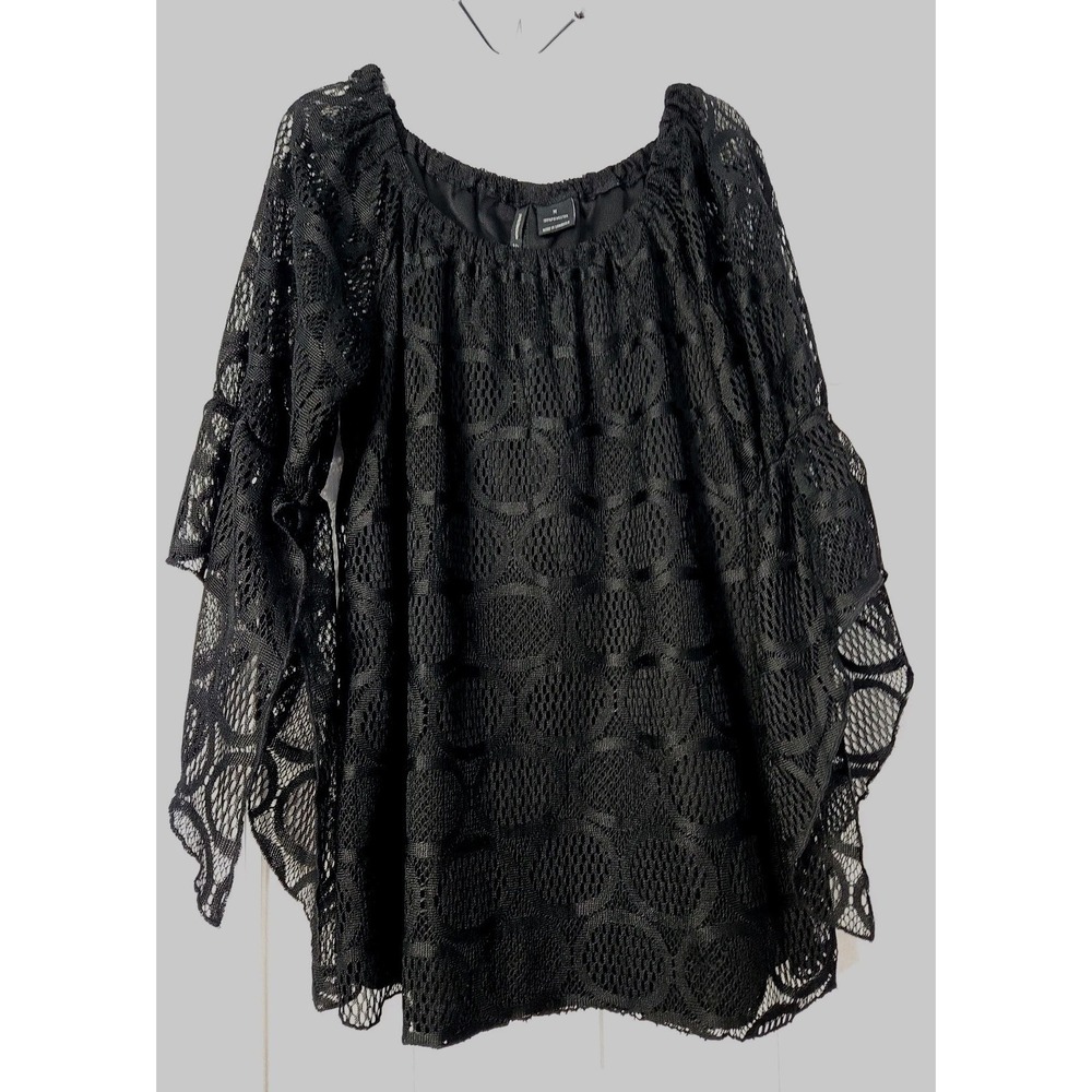 New Directions Size Medium Black Lace & Trim 3/4 Sleeve Blouse Lined.